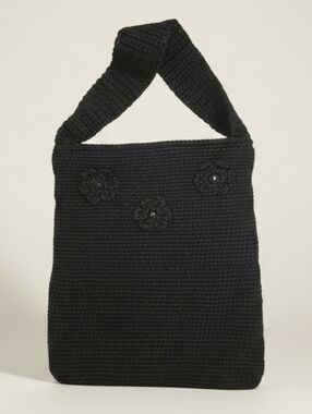 Handcrafted Black Crochet Shoulder Bag with Flower Accents